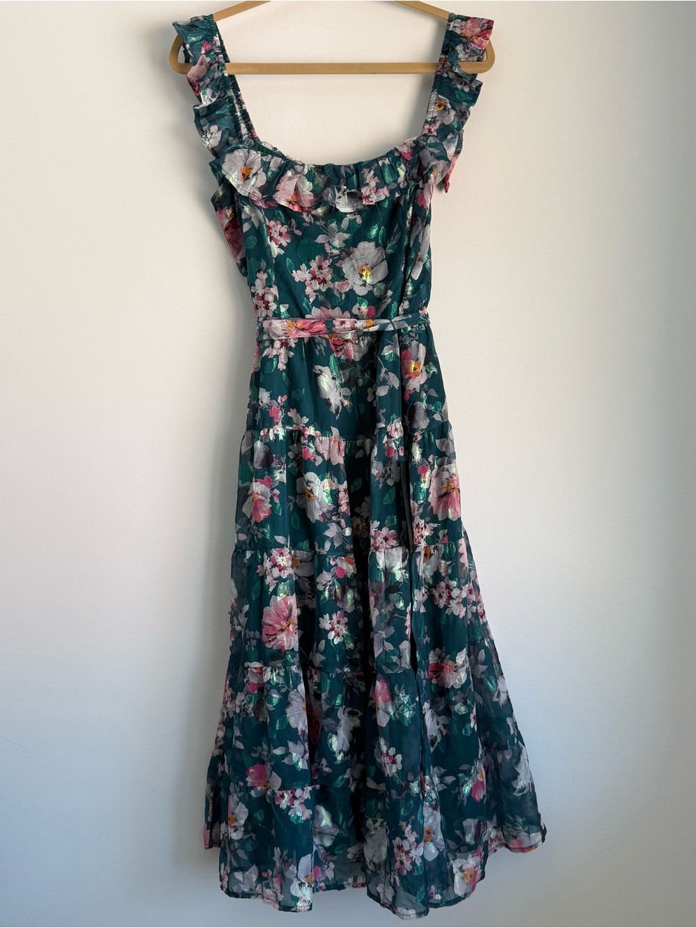 NWT Lulus Shela Teal Floral Jacquard Tiered Midi Dress Size XL - Picture 6 of 8